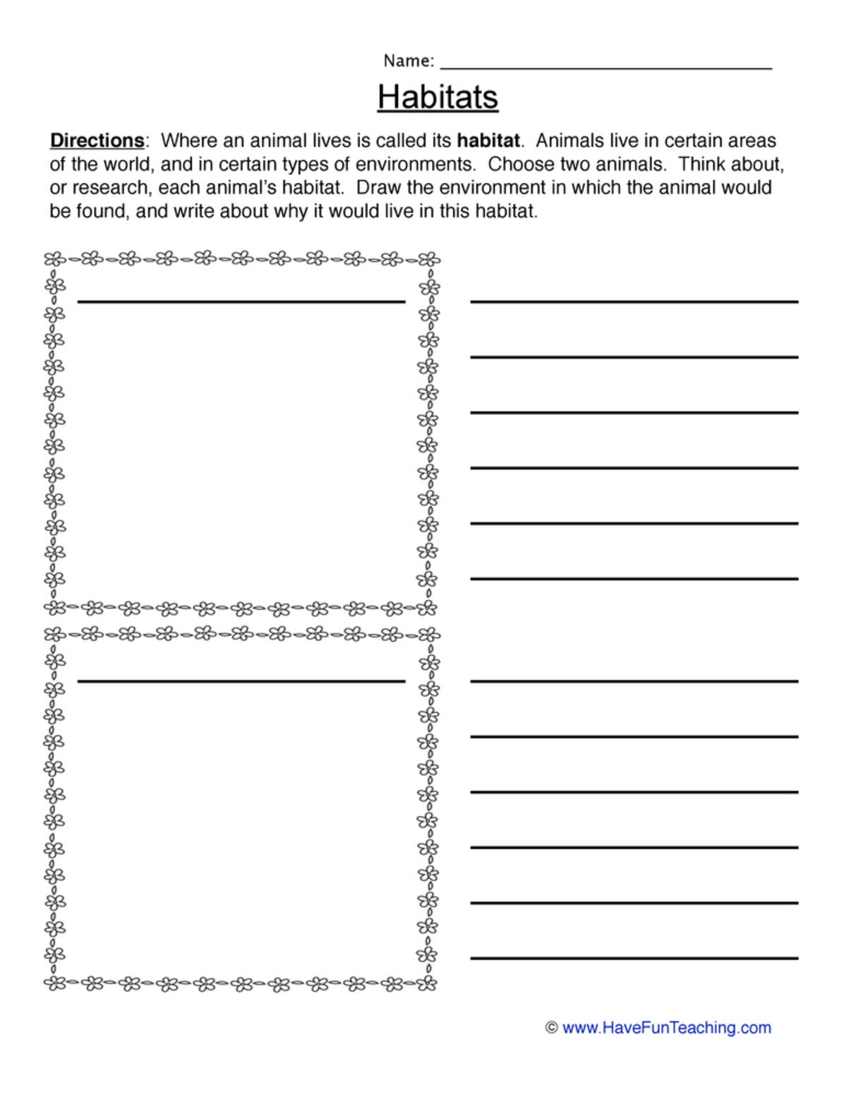 An educational teaching resource from Have Fun Teaching entitled Animal Habitats Worksheet downloadable at Teach Simple.