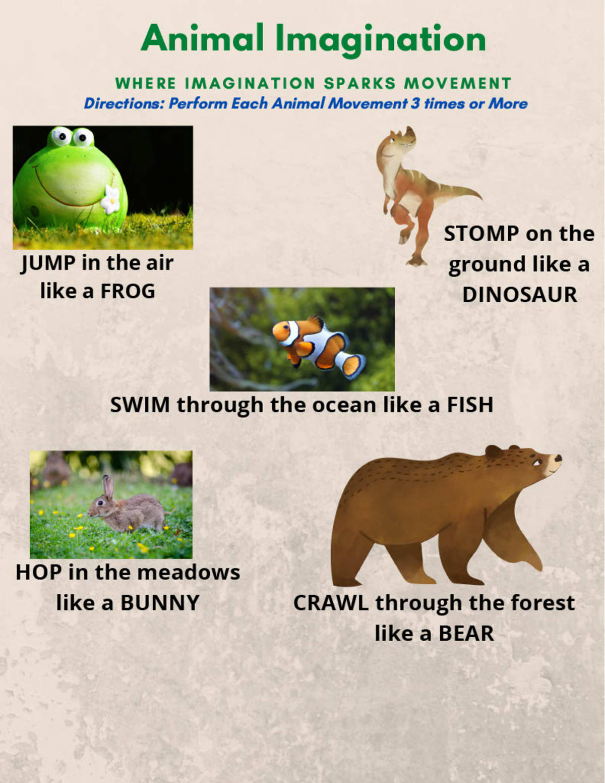An educational teaching resource from Miracles and Moree Therapy LLC entitled Animal Imagination Movement Printable downloadable at Teach Simple.