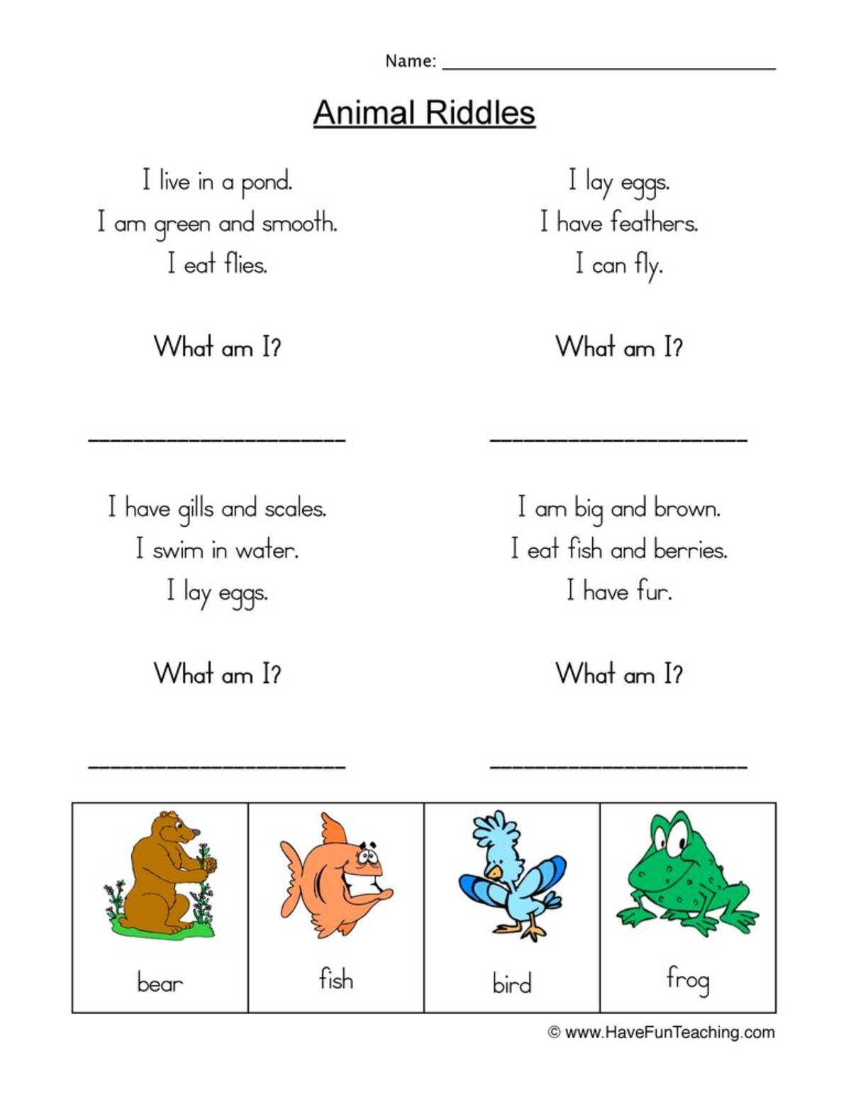 An educational teaching resource from Have Fun Teaching entitled Animal Riddles Worksheet downloadable at Teach Simple.
