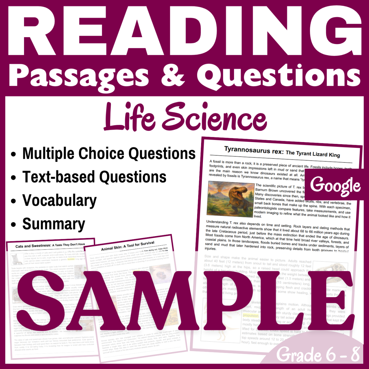 An educational teaching resource from CORED Education - Middle & High School entitled Animal Skin, Cats, & T. Rex: SAMPLE Reading passage (Docs) downloadable at Teach Simple.