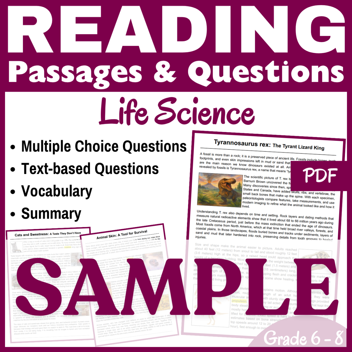 An educational teaching resource from CORED Education - Middle & High School entitled Animal Skin, Cats, & T. Rex: SAMPLE Reading passage (PDF) downloadable at Teach Simple.