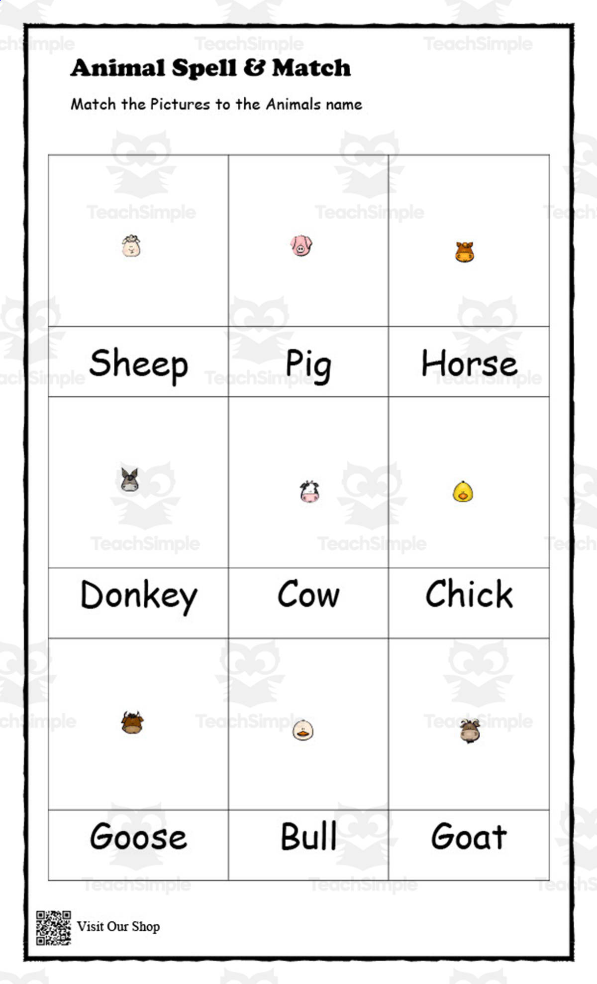 An educational teaching resource from KD's Kids School Shop entitled Animal Spell & Match Worksheet downloadable at Teach Simple.