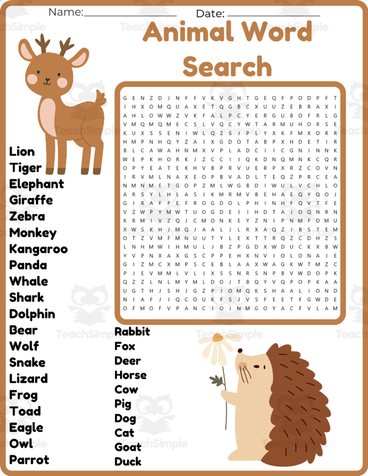 An educational teaching resource from space shope entitled Animal Word Search worksheet activity downloadable at Teach Simple.