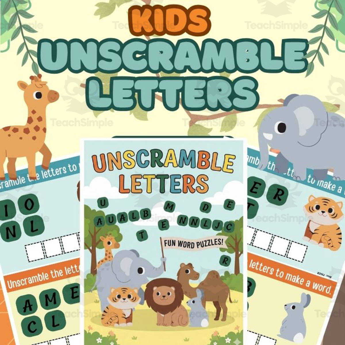 An educational teaching resource from Kids Activity Lab entitled Animal Word Unscramble Spelling Worksheets Vocabulary Activity downloadable at Teach Simple.