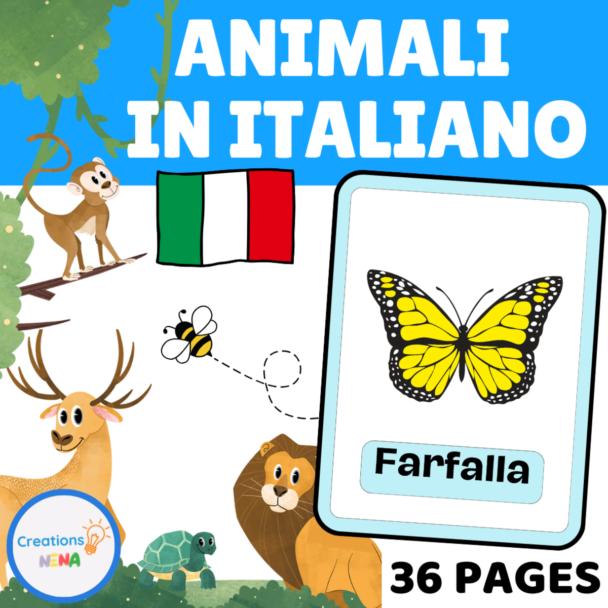 An educational teaching resource from Nena Creations entitled Animals Flashcards in Italian. downloadable at Teach Simple.