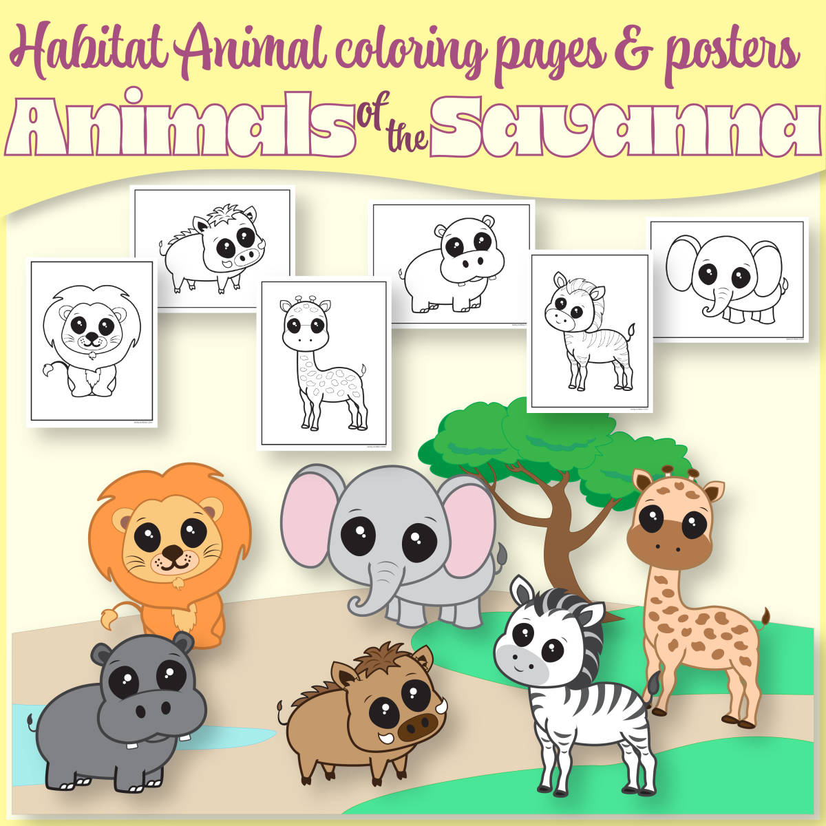 An educational teaching resource from Saintly Scribbles entitled Animals of the African Savanna/Grasslands Habitat/Biome Coloring Pages downloadable at Teach Simple.