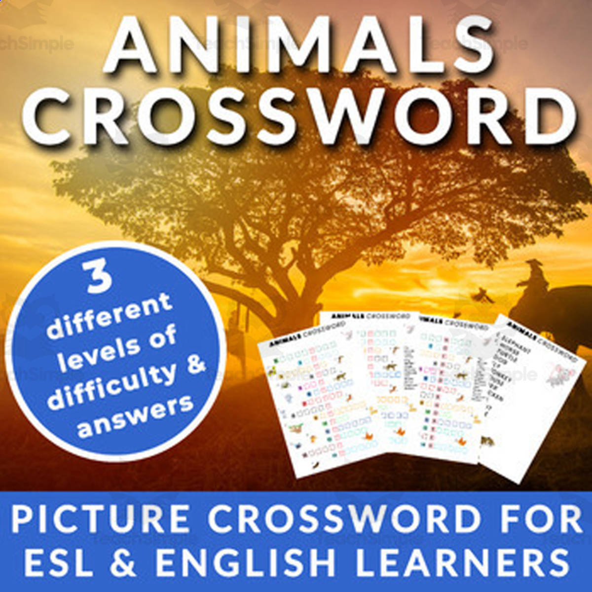 An educational teaching resource from The Laughing Linguist entitled Animals Picture Crossword | No Prep English & ESL Vocabulary Lesson downloadable at Teach Simple.