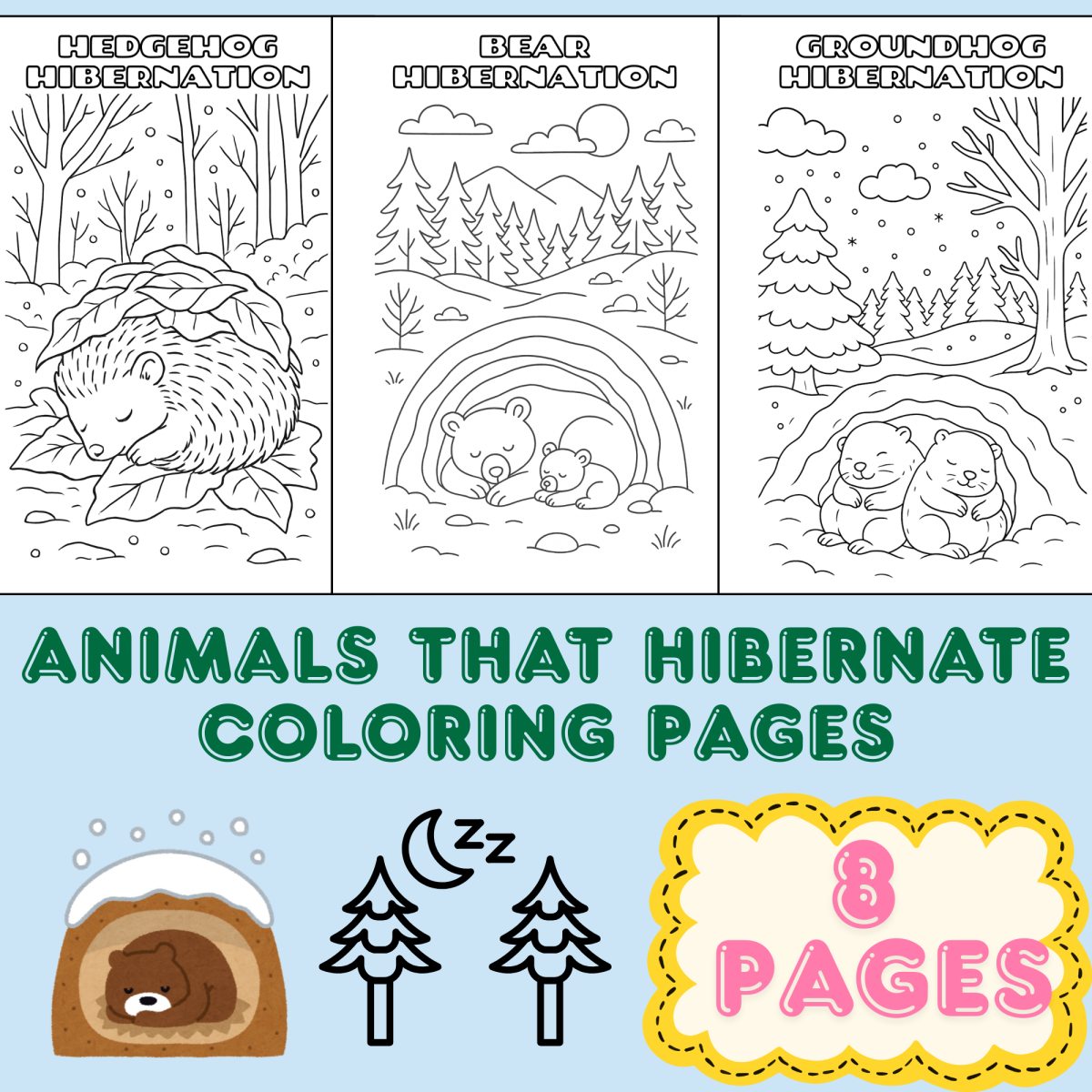 An educational teaching resource from Cutie worksheets986 entitled Animals That Hibernate Coloring Pages downloadable at Teach Simple.