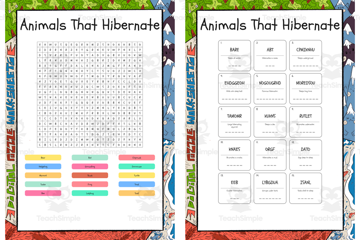 An educational teaching resource from Lapiiin Art Activities entitled Animals That Hibernate word search, scramble and crossword downloadable at Teach Simple.