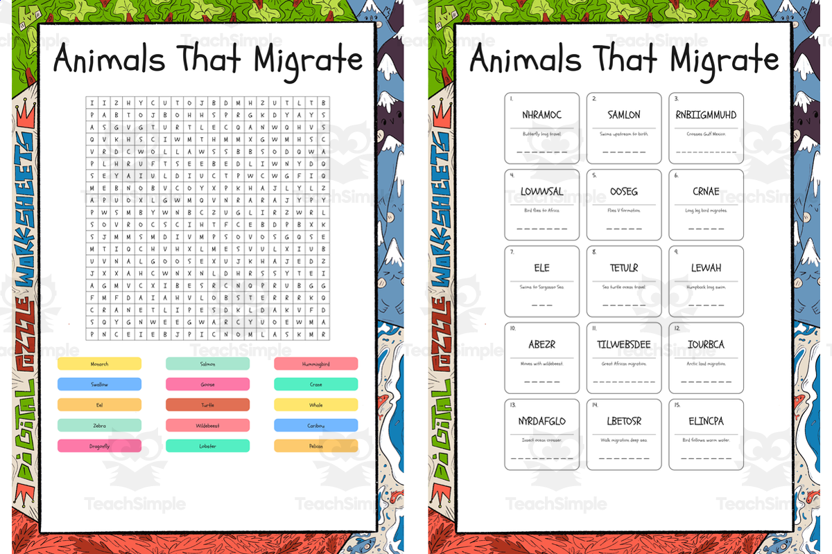 An educational teaching resource from Lapiiin Art Activities entitled Animals That Migrate word search, scramble and crossword downloadable at Teach Simple.