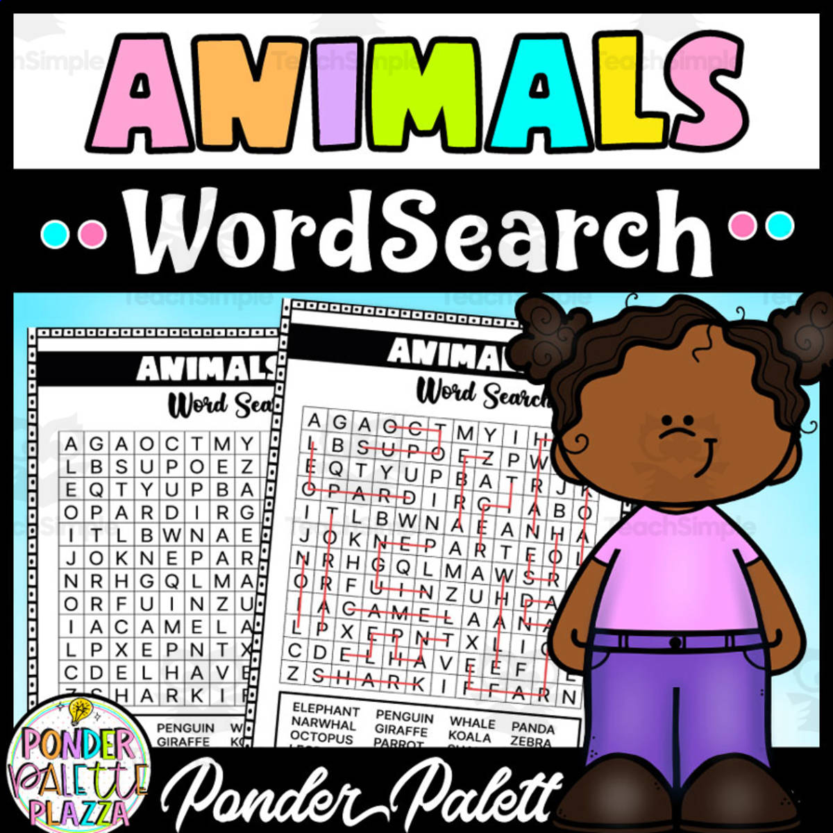 An educational teaching resource from Ponder Palette Plazza entitled Animals Word search Puzzles + Answers Included downloadable at Teach Simple.