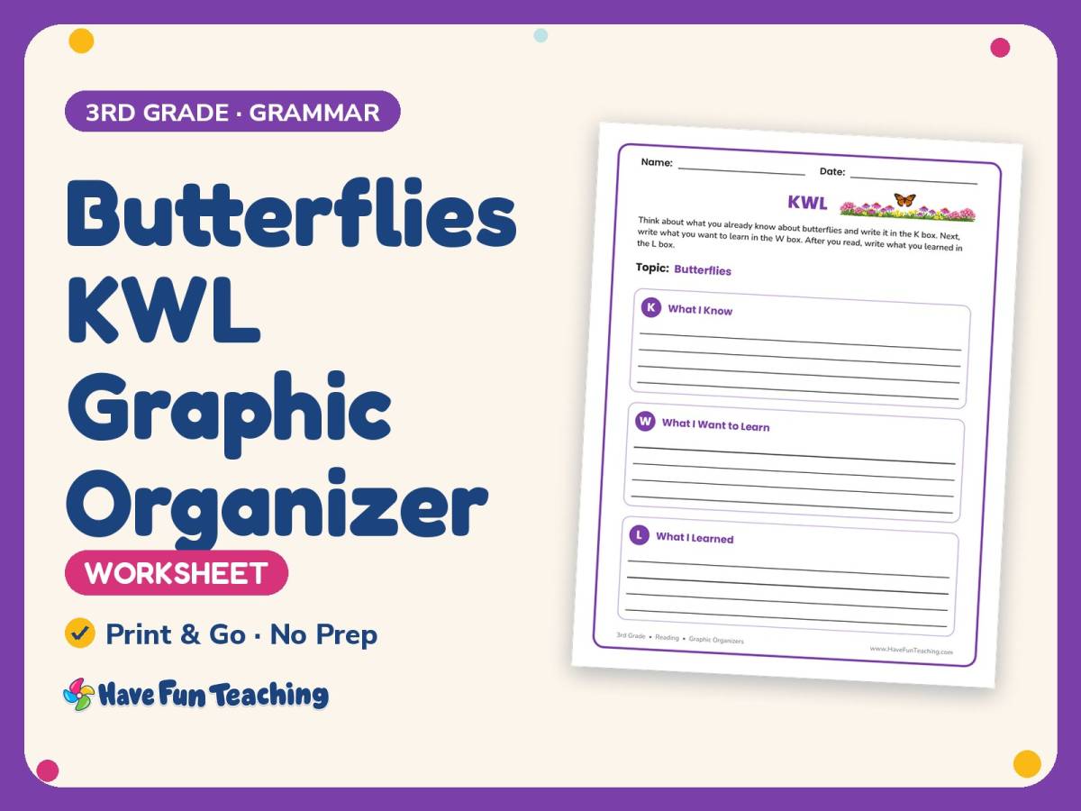 Animals Worksheet: Butterflies KWL Graphic Organizer – 3rd Grade preview