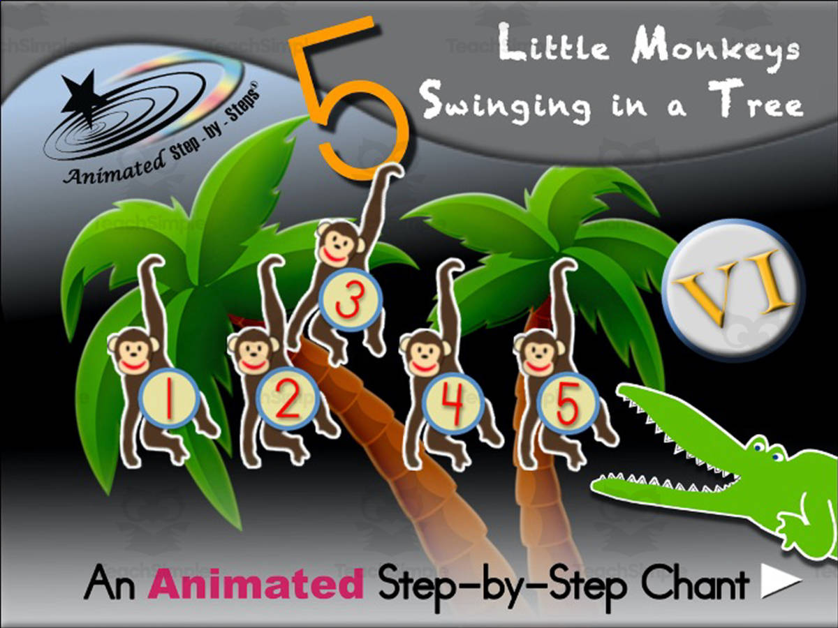 An educational teaching resource from Bloom Resources entitled Animated Chant: 5 Little Monkeys Swinging VI downloadable at Teach Simple.