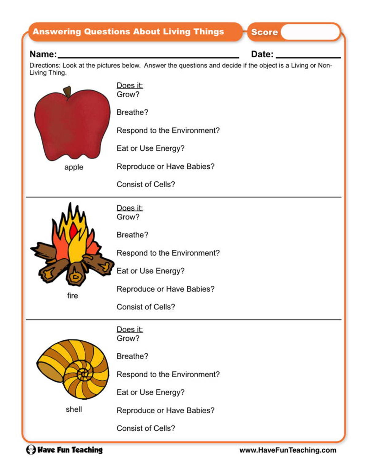 An educational teaching resource from Have Fun Teaching entitled Answering Questions About Living Things Worksheet downloadable at Teach Simple.