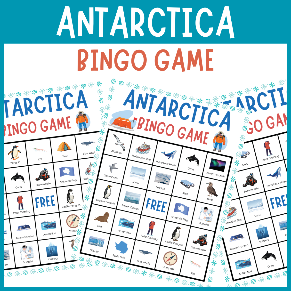An educational teaching resource from The Clever Llama entitled Antarctica bingo game polar arctic geography explorers activities downloadable at Teach Simple.