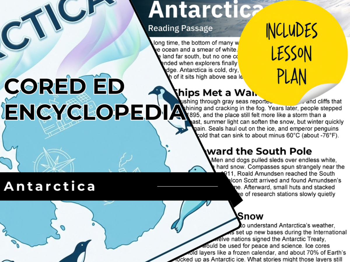 An educational teaching resource from Cored Education entitled Antarctica Reading Comprehension Passage - Cored Ed Encyclopedia downloadable at Teach Simple.
