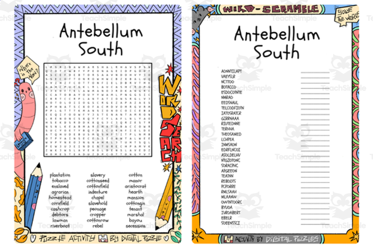 An educational teaching resource from Lapiiin Art Activities entitled Antebellum South word search & scramble downloadable at Teach Simple.
