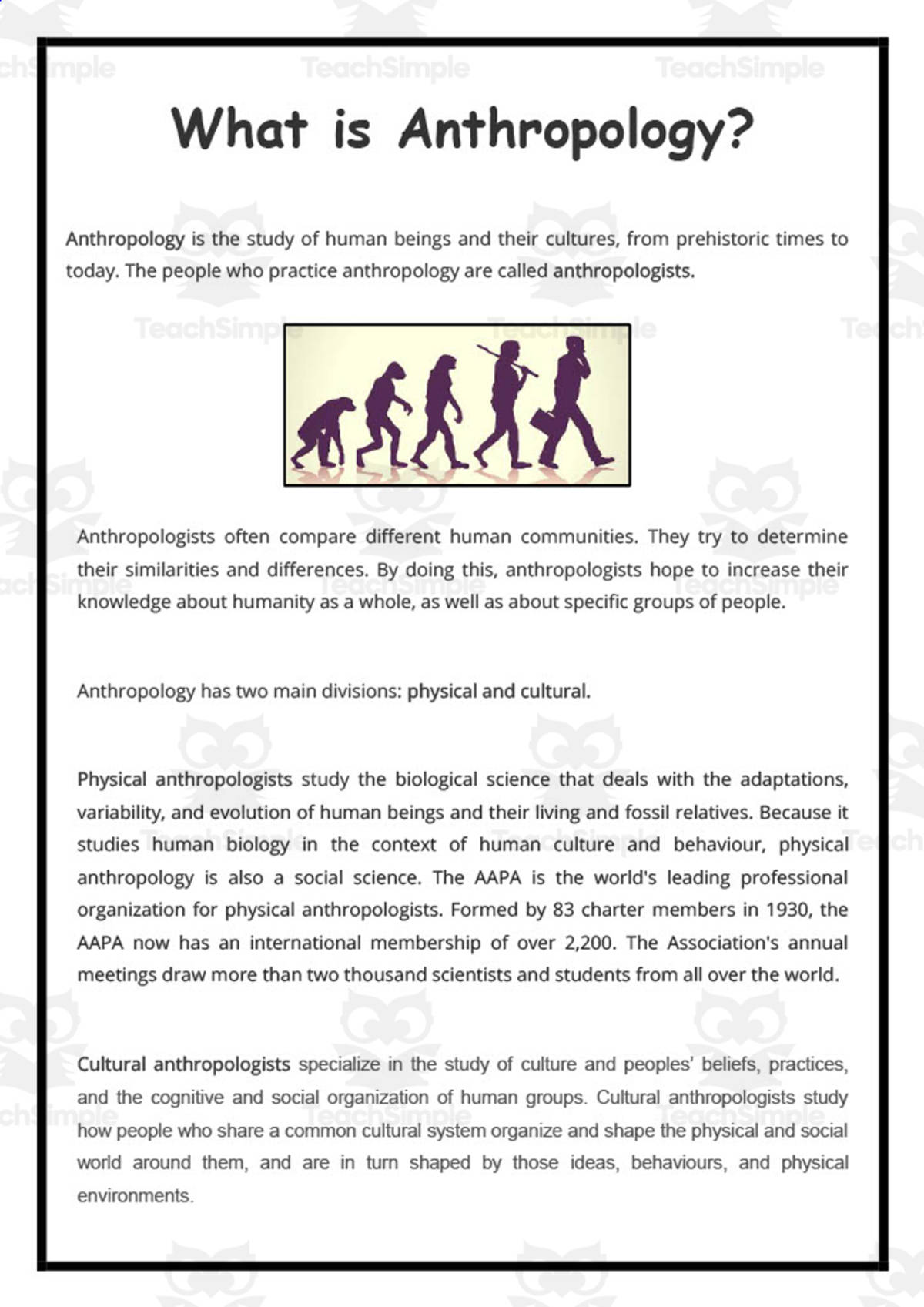 An educational teaching resource from Elementary Resources 4 U entitled Anthropology Reading Passage downloadable at Teach Simple.