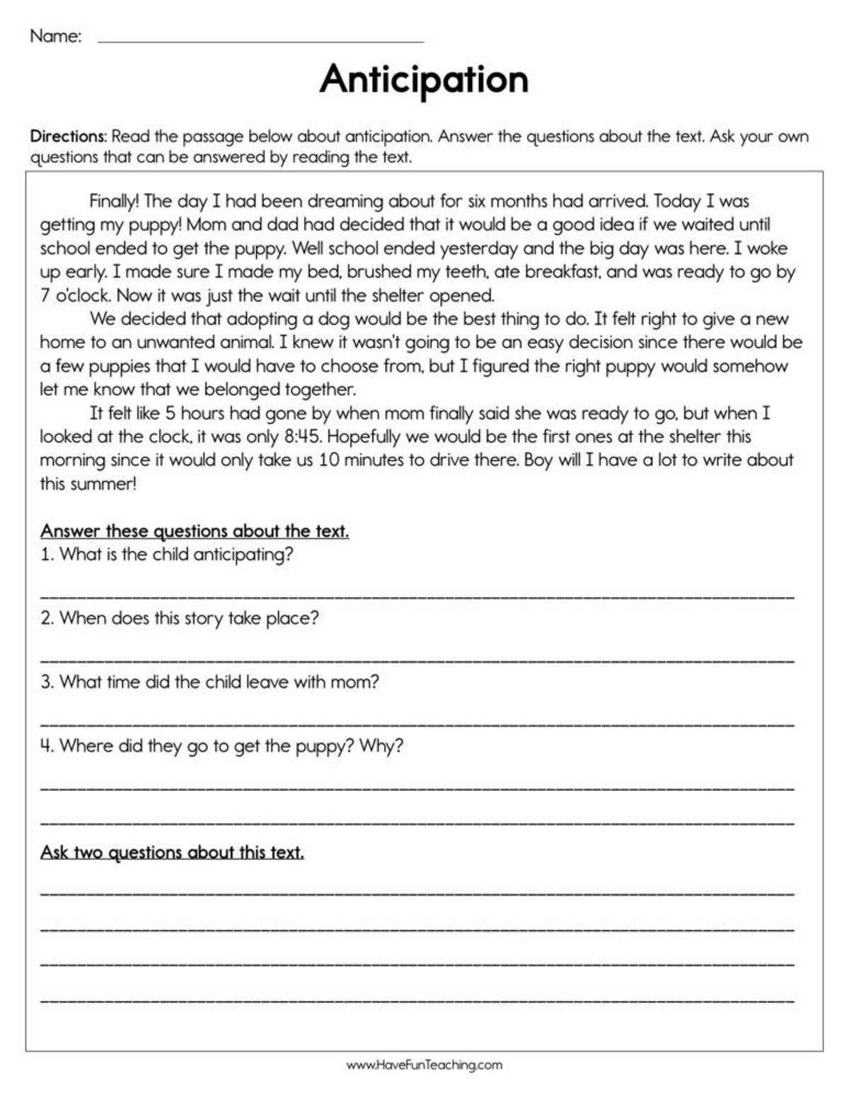 An educational teaching resource from Have Fun Teaching entitled Anticipating Ask and Answer Questions Worksheet downloadable at Teach Simple.