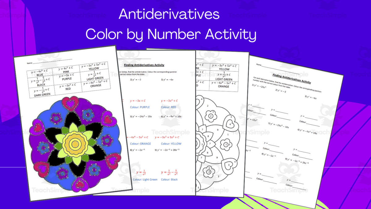 An educational teaching resource from Mrs. B Secondary Math entitled Antiderivatives Color by Number Activity downloadable at Teach Simple.