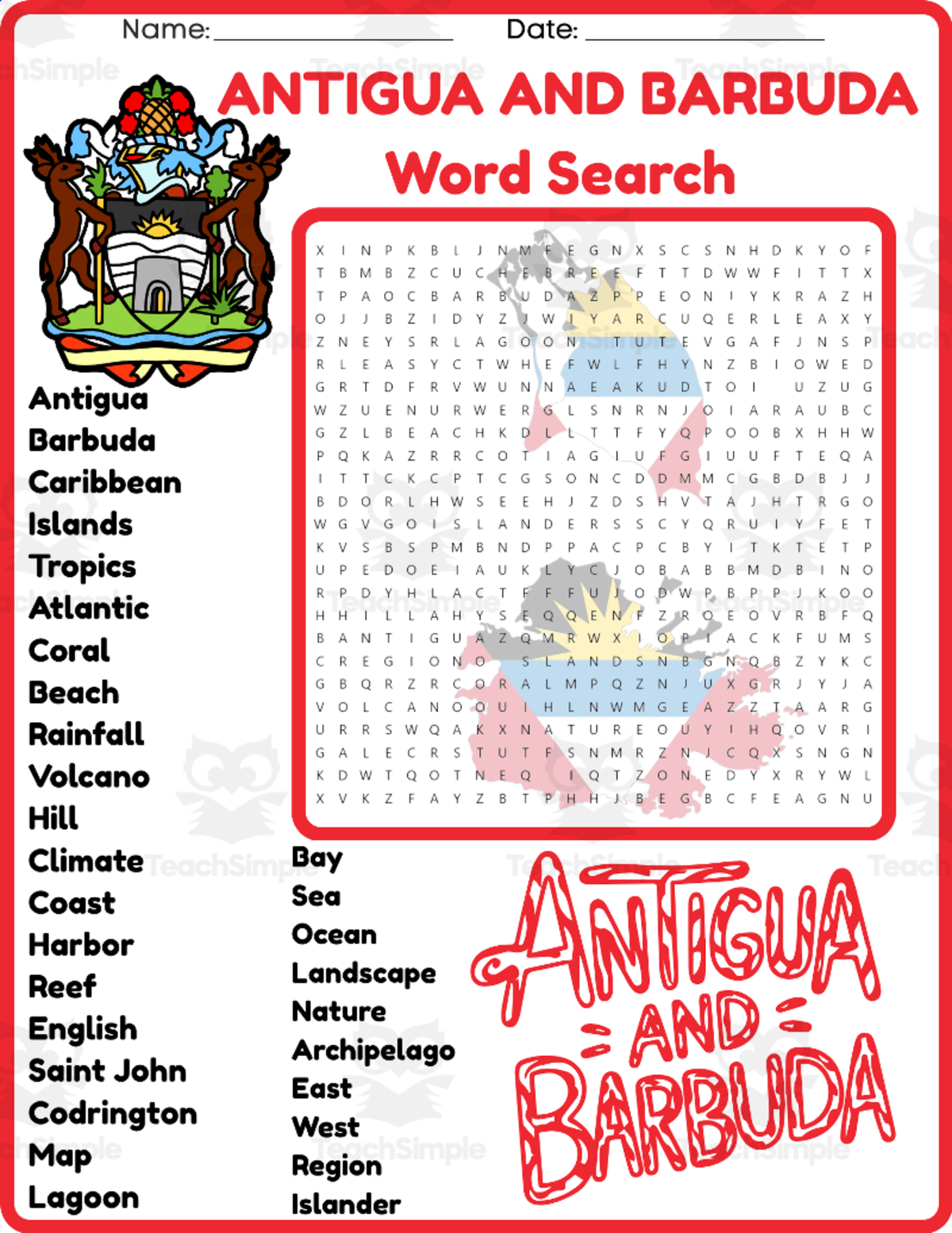 An educational teaching resource from space shope entitled ANTIGUA AND BARBUDA GEOGRAPHY Word Search Puzzle Worksheet Activity downloadable at Teach Simple.