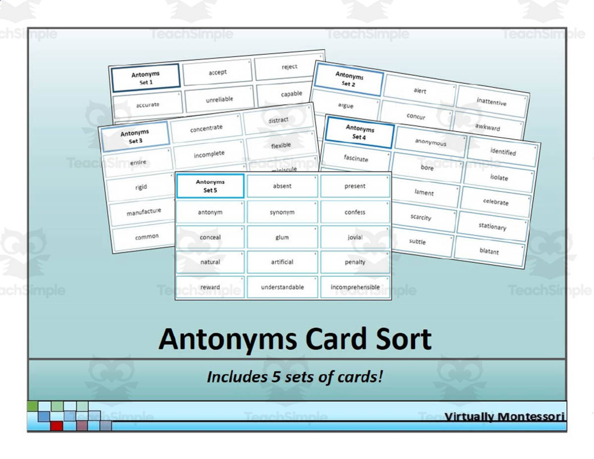 An educational teaching resource from Virtually Montessori entitled Antonyms Card Sort downloadable at Teach Simple.