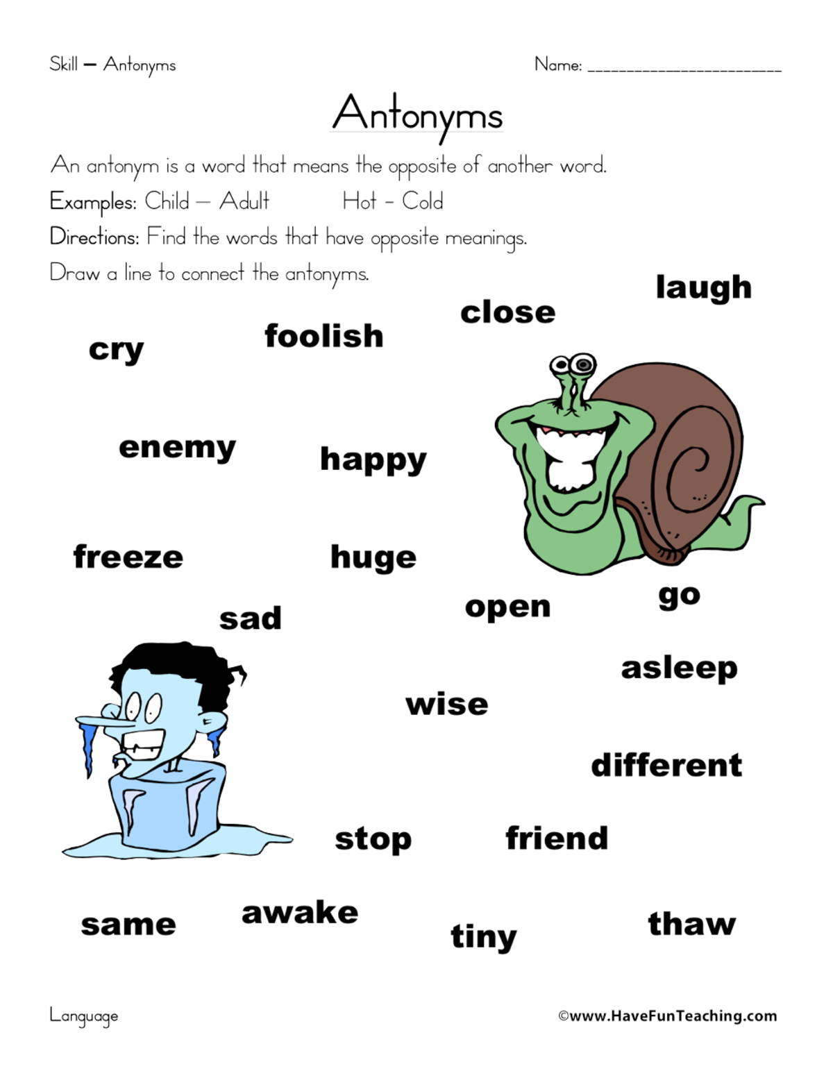 An educational teaching resource from Have Fun Teaching entitled Antonyms Drawing Pictures Worksheet downloadable at Teach Simple.