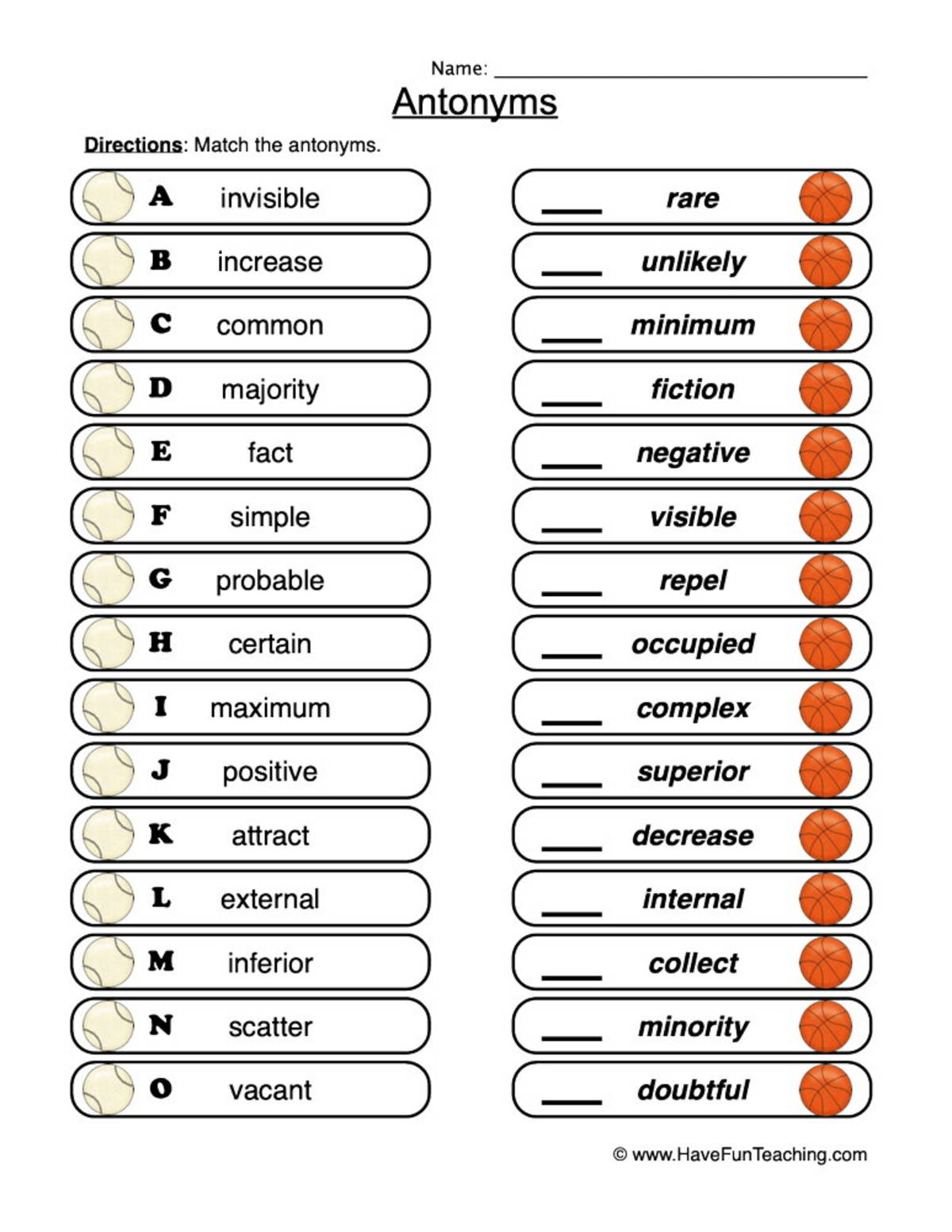 An educational teaching resource from Have Fun Teaching entitled Antonyms Intermediate Matching Worksheet downloadable at Teach Simple.