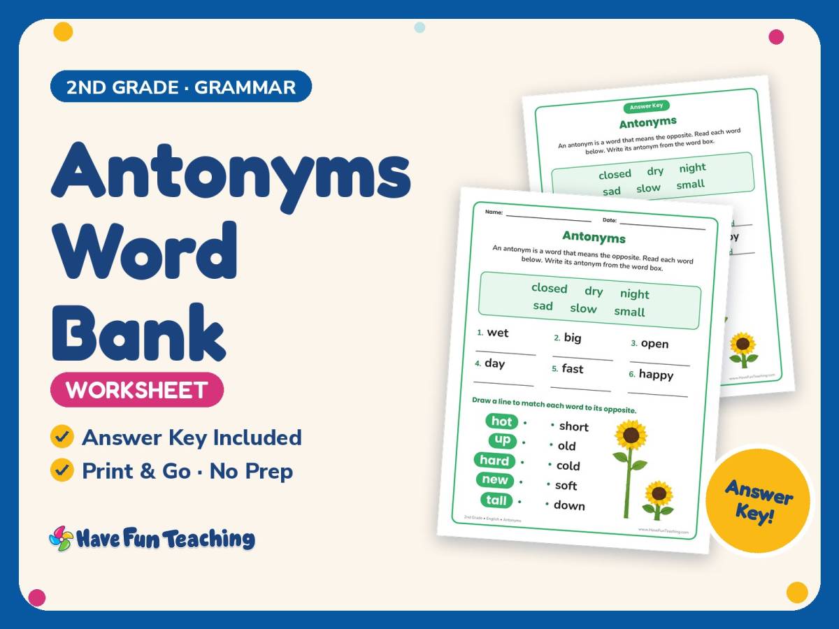 Antonyms Word Bank Worksheet – 2nd Grade Opposites Practice preview