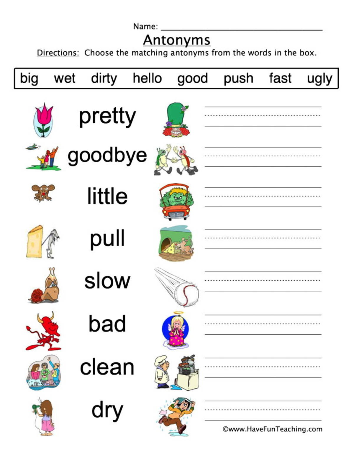 An educational teaching resource from Have Fun Teaching entitled Antonyms Word Bank Worksheet downloadable at Teach Simple.