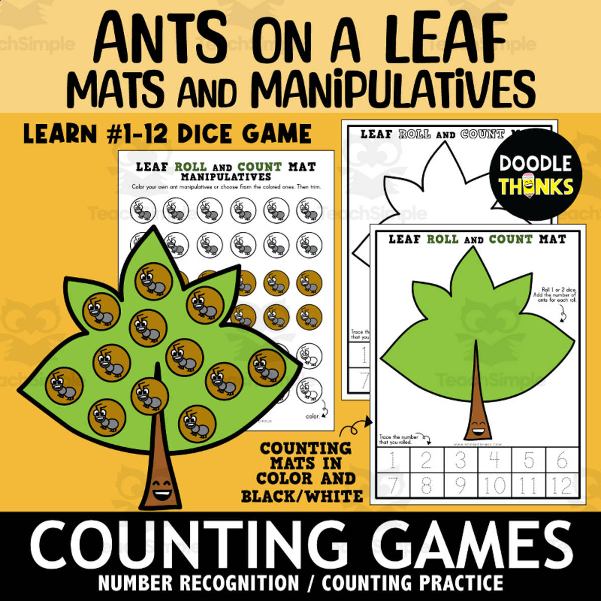 An educational teaching resource from Doodle Thinks entitled Ants on a Leaf Roll and Count Mat Printable Manipulatives Dice Game downloadable at Teach Simple.