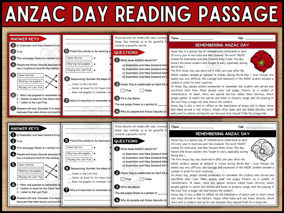 An educational teaching resource from Wonderland School entitled Anzac Day Reading Comprehension Passage and Questions downloadable at Teach Simple.