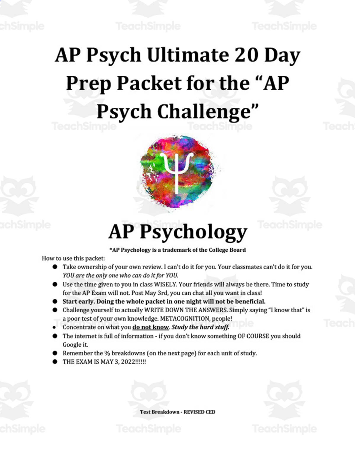 An educational teaching resource from Skinner's Box entitled AP Psych Ultimate 20 Day Prep Packet for the “AP Psych Challenge” downloadable at Teach Simple.