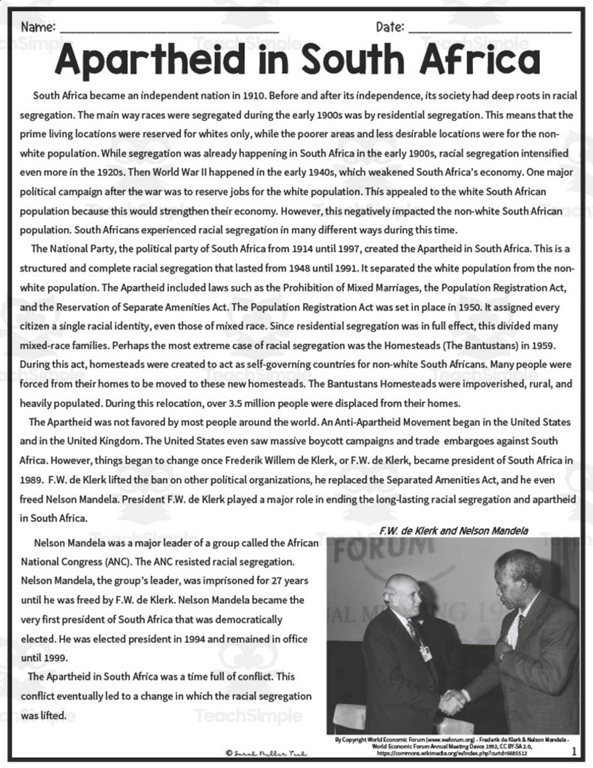An educational teaching resource from Sarah Miller Tech entitled Apartheid in South Africa Reading Packet downloadable at Teach Simple.