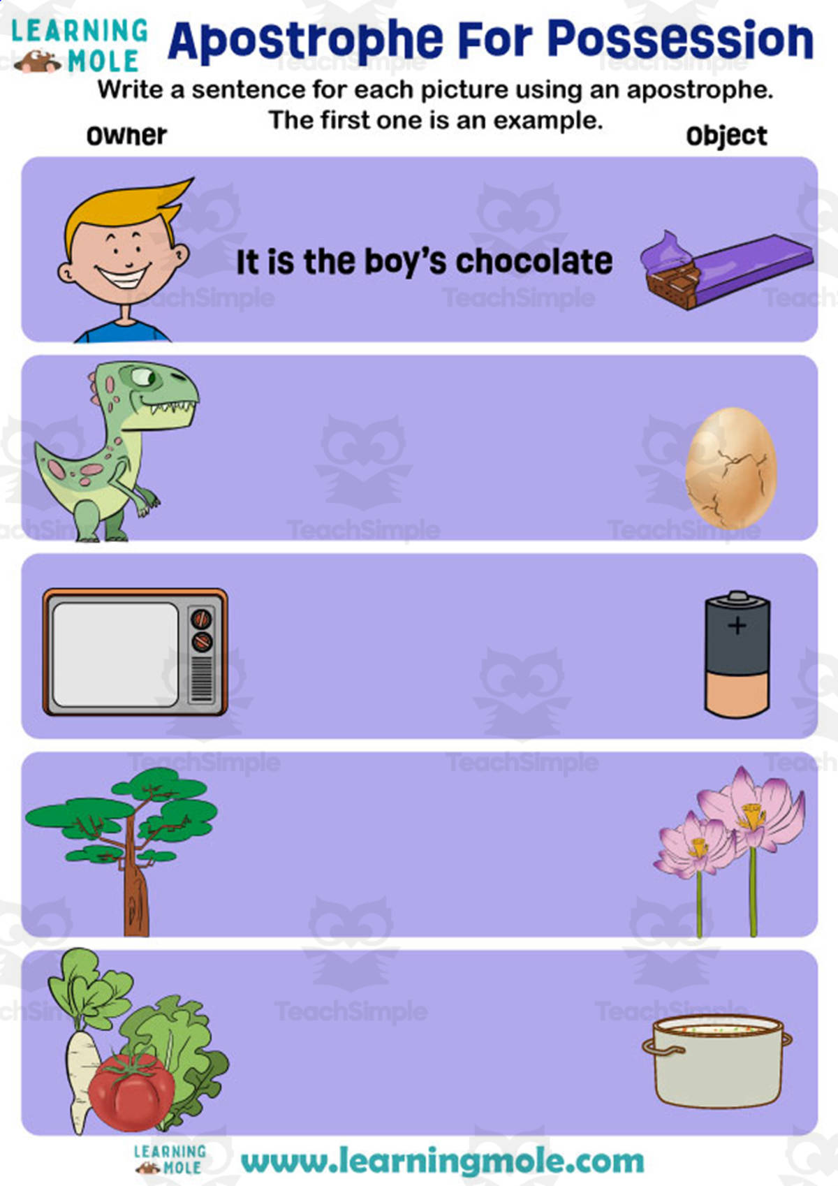 An educational teaching resource from Educational Voice entitled Apostrophe For Possession Activity downloadable at Teach Simple.