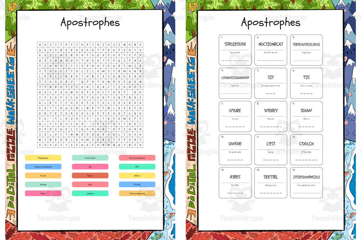 An educational teaching resource from Lapiiin Art Activities entitled Apostrophes word search, scramble and crossword puzzle downloadable at Teach Simple.