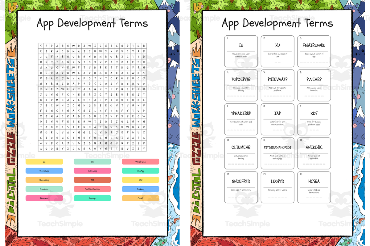 An educational teaching resource from Lapiiin Art Activities entitled App Development Terms word search, scramble and crossword puzzle downloadable at Teach Simple.
