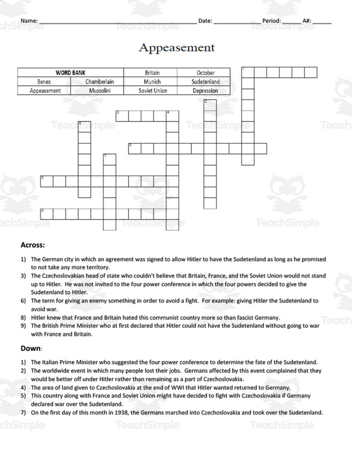 An educational teaching resource from DrDrew entitled Appeasement Crossword Puzzle and Word Search Packet downloadable at Teach Simple.