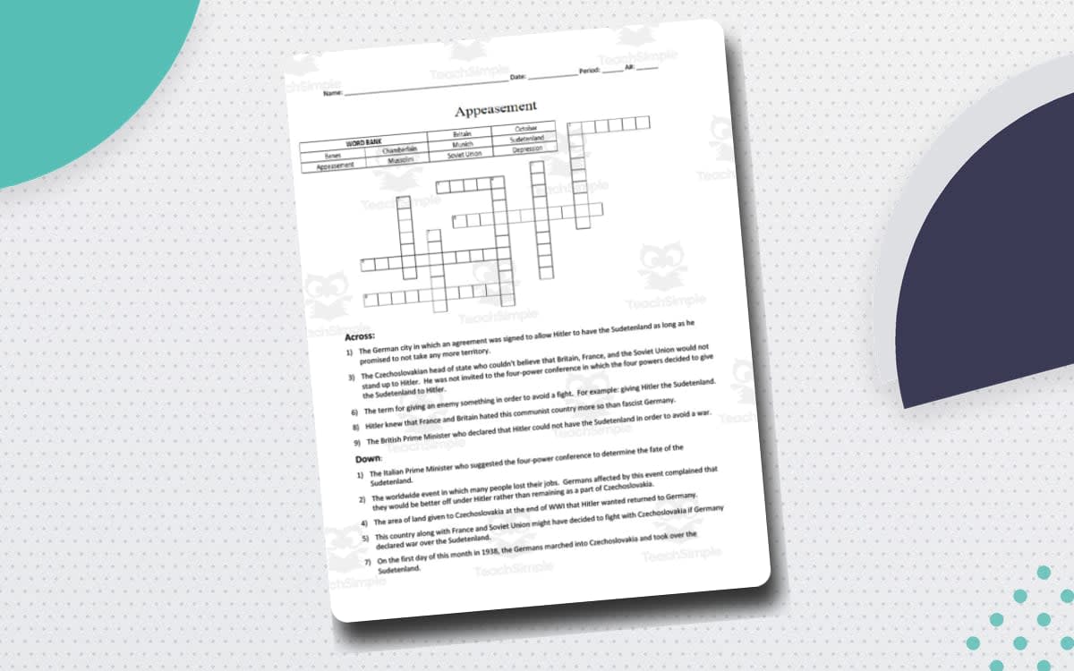 An educational teaching resource from DrDrew entitled Appeasement Crossword Puzzle downloadable at Teach Simple.