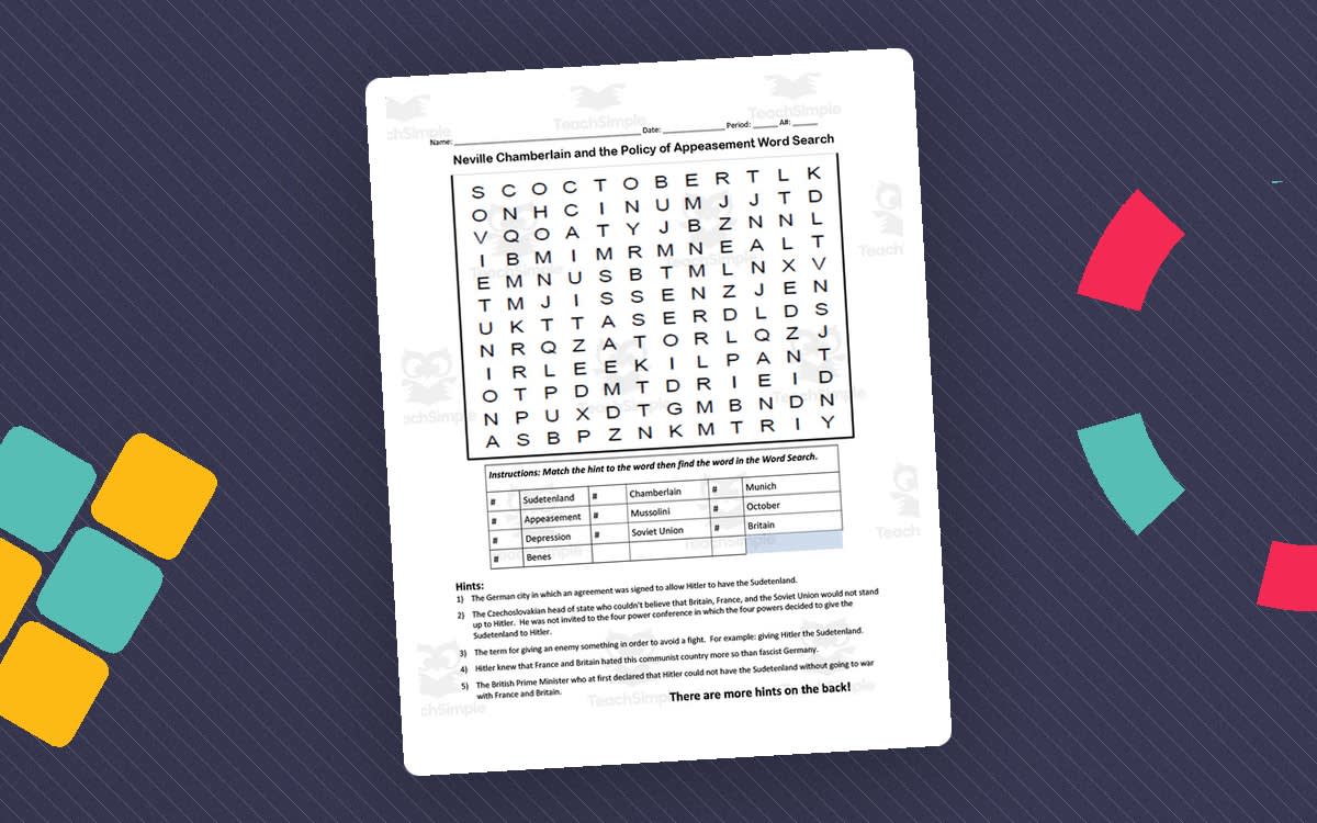An educational teaching resource from DrDrew entitled Appeasement Word Search Packet downloadable at Teach Simple.