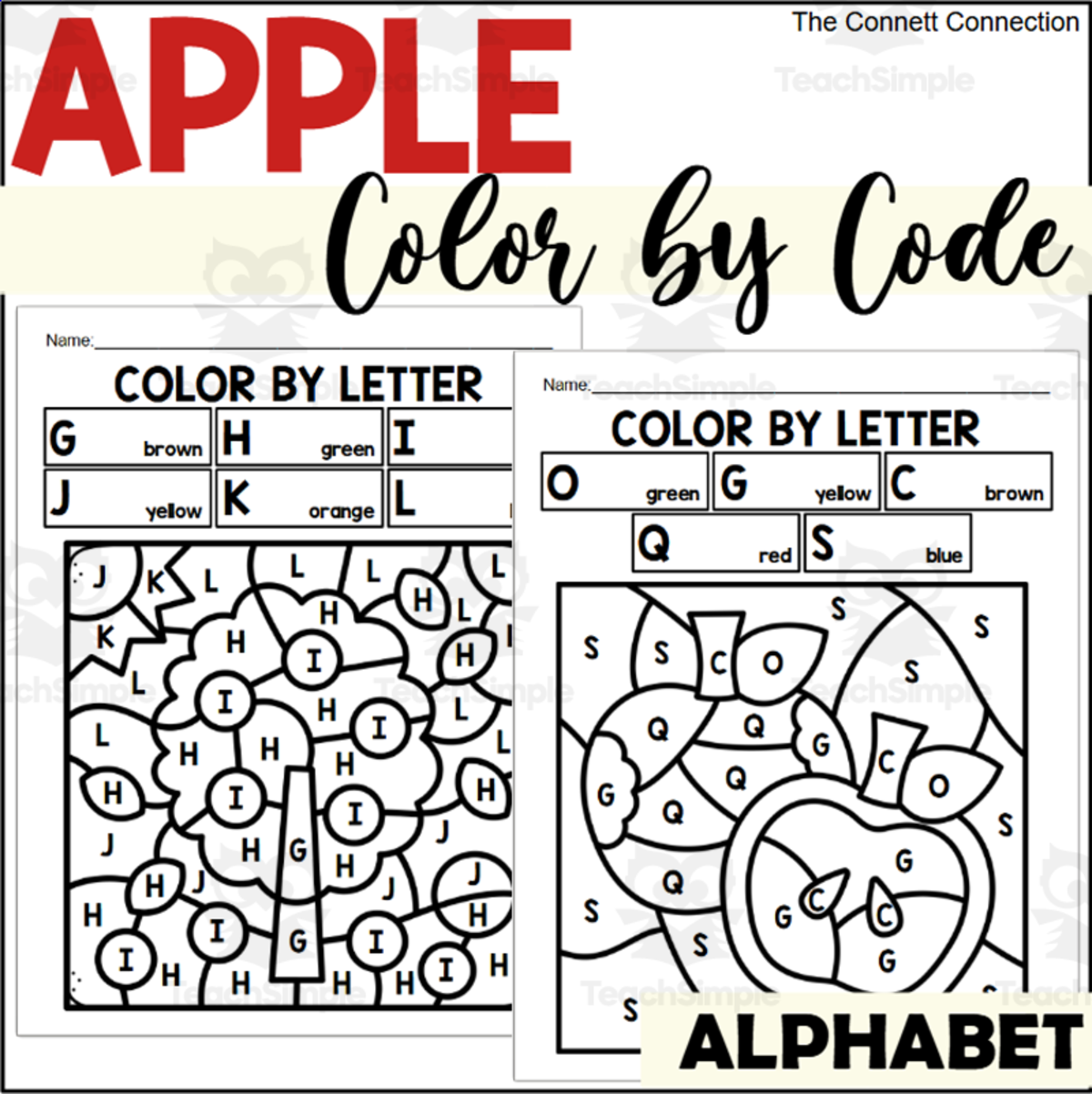 An educational teaching resource from The Connett Connection entitled Apple Alphabet Color by Code for Capital Letters downloadable at Teach Simple.