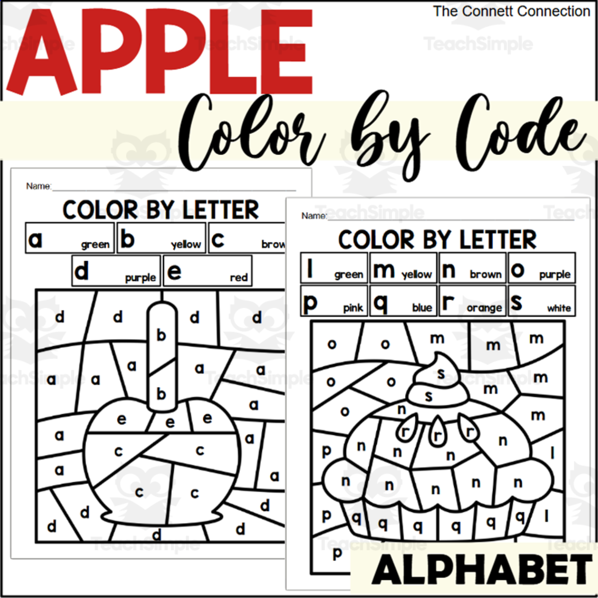 An educational teaching resource from The Connett Connection entitled Apple Alphabet Color by Code for Lowercase Letters downloadable at Teach Simple.