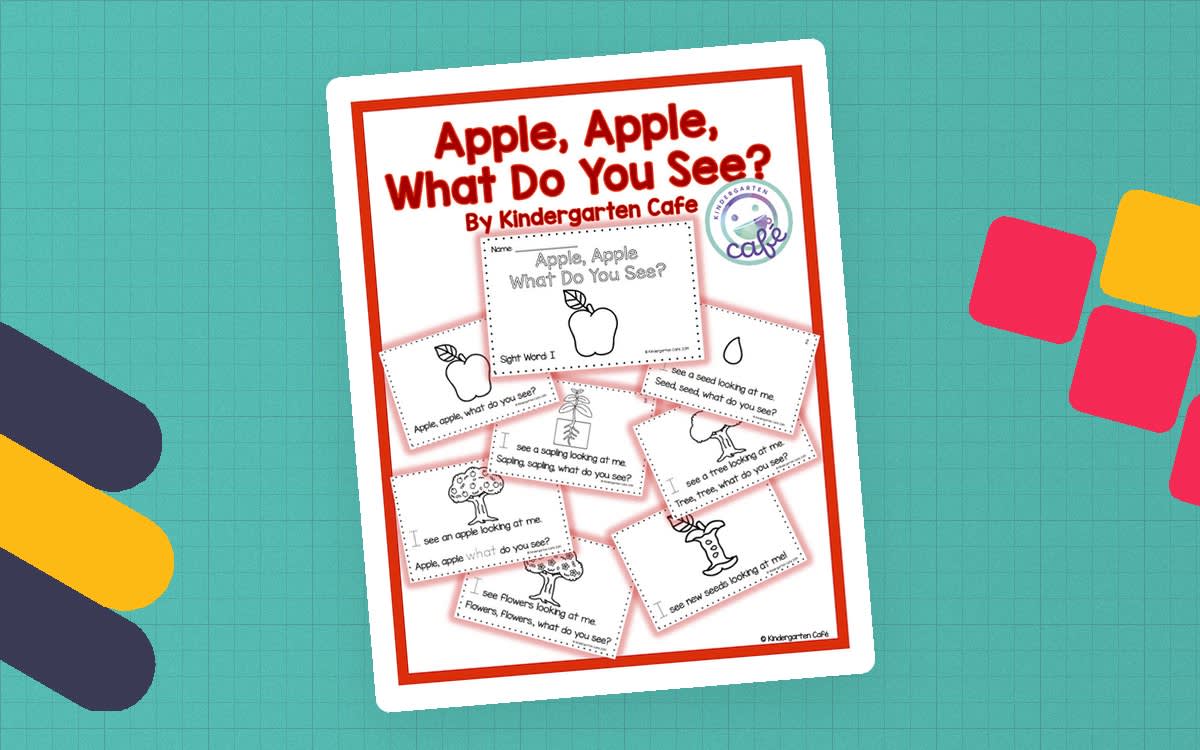 An educational teaching resource from Kindergarten Cafe entitled Apple, Apple, What Do You See? | Emergent Reader Book downloadable at Teach Simple.