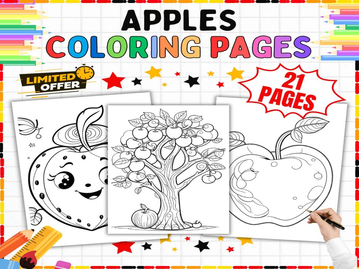 An educational teaching resource from from Tetcher to you entitled Apple Coloring Pages - 21 Printable Coloring Sheets for Kids K-5 downloadable at Teach Simple.