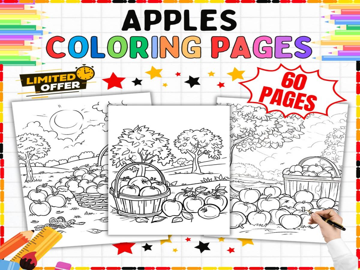 An educational teaching resource from from Tetcher to you entitled Apple Coloring Pages - 60 Printable Coloring Sheets for Kids K-5 downloadable at Teach Simple.