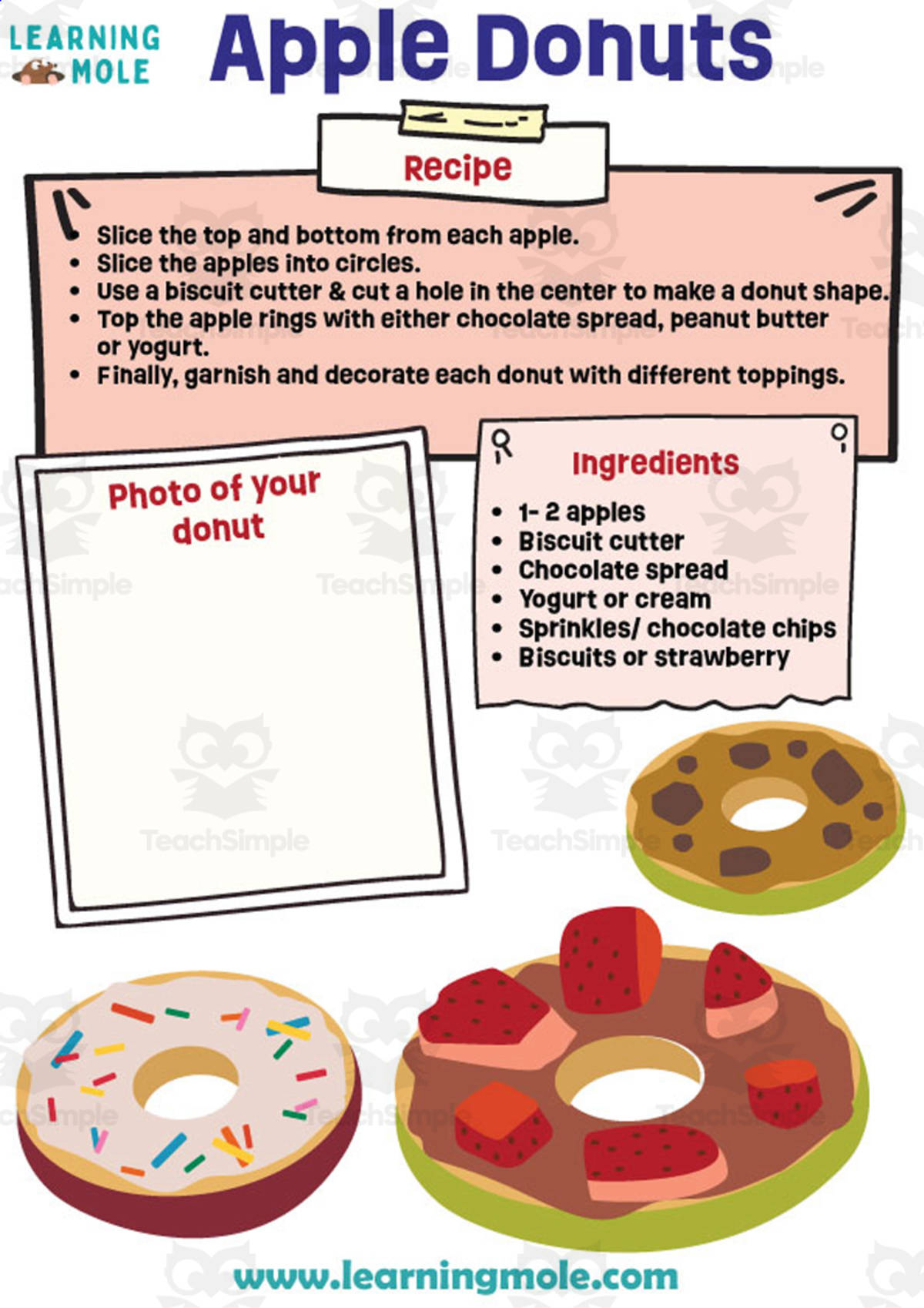 An educational teaching resource from Educational Voice entitled Apple Donuts Activity downloadable at Teach Simple.