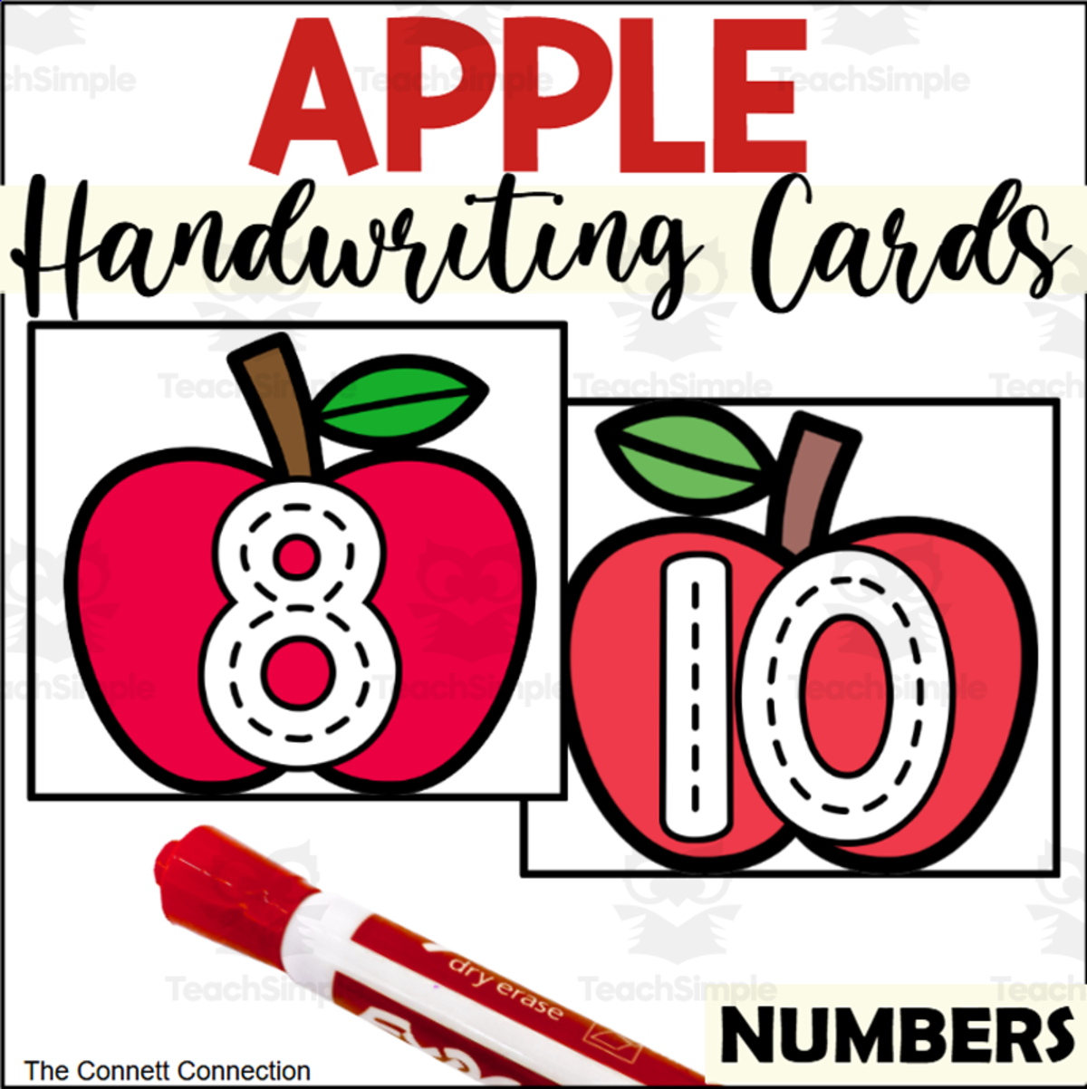 An educational teaching resource from The Connett Connection entitled Apple Handwriting Tracing Cards for Numbers 0-20 downloadable at Teach Simple.