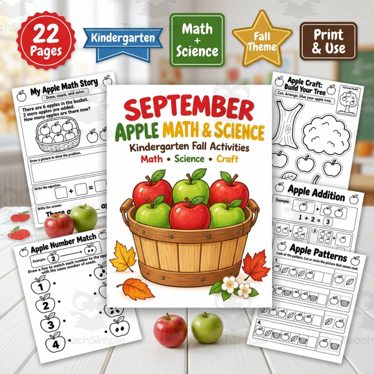 An educational teaching resource from TeachTrend Studio entitled Apple Math and Science Activities for Kindergarten | Fall Craft downloadable at Teach Simple.