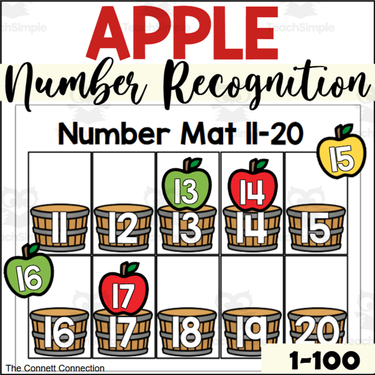 An educational teaching resource from The Connett Connection entitled Apple Number Recognition Mats for 1-100 downloadable at Teach Simple.