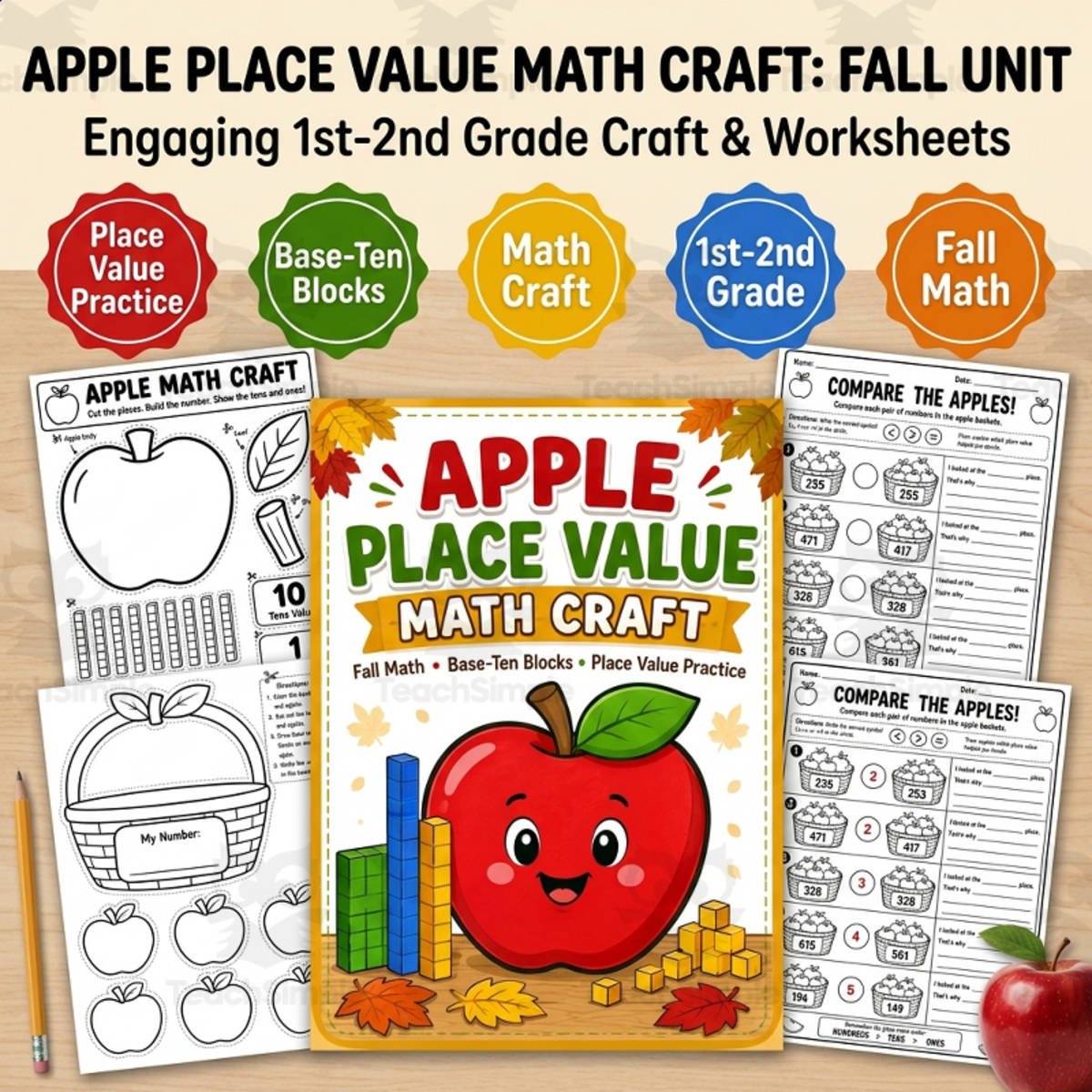 An educational teaching resource from TeachTrend Studio entitled Apple Place Value Math Craft Fall Base downloadable at Teach Simple.